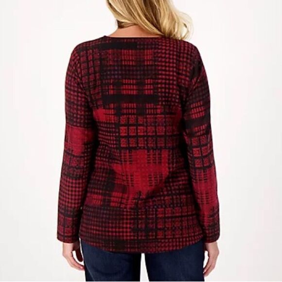 Denim & Co. Patchwork Plaid Stretch Woven Blouse - Picture 2 of 6